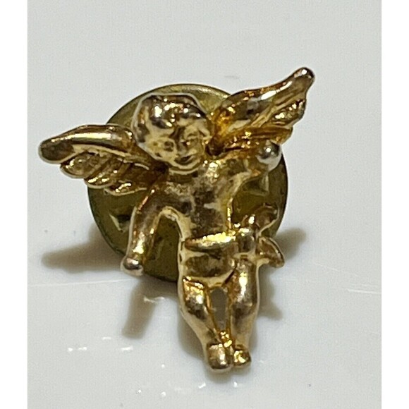Set Of 2 Vintage Gold Tone Angel Cherub/Angel W/ American Enamel Flag Lapel Pin - Picture 1 of 6